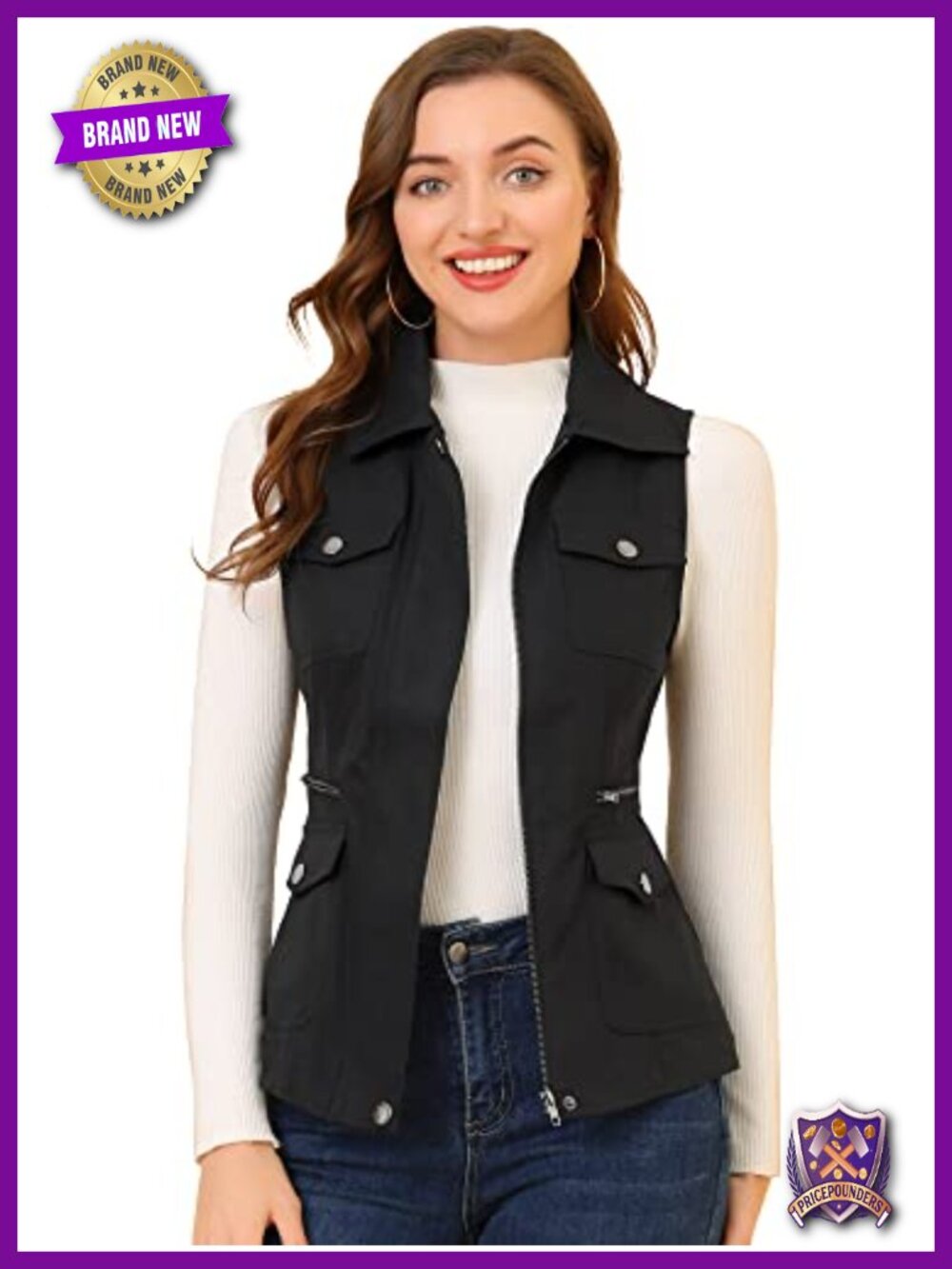 Women's Sleeveless Zip Up Utility Cargo Vest with Pockets